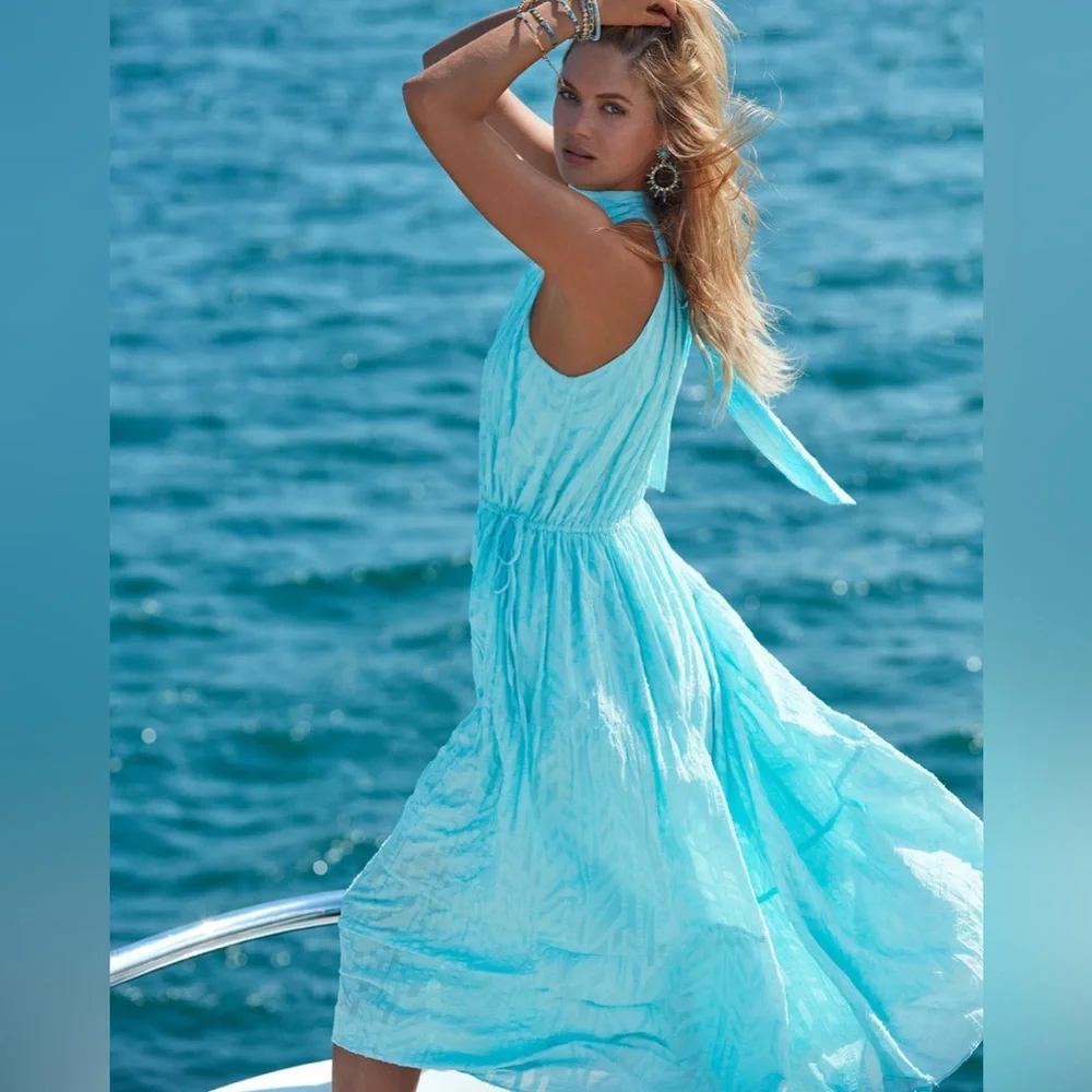 RAMY BROOK Jess Halter Midi Dress Sky Blue Textured Cotton Back Bow Tie Size XS - Picture 2 of 8